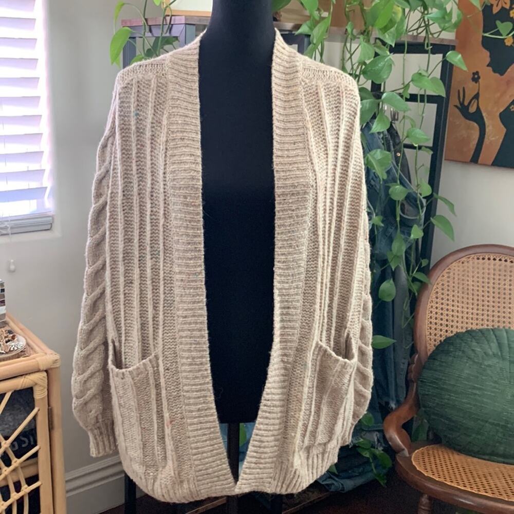 Madewell Oatmeal Confetti Fisherman Cable Knit Open Front Cardigan Sweater